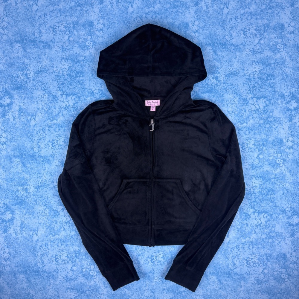 Juicy Couture OG Big Bling Velour Hoodie Liquorice Black Large Rhinestone Logo